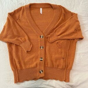 Blue Blush Rust Orange Distressed V-Neck Button Cardigan